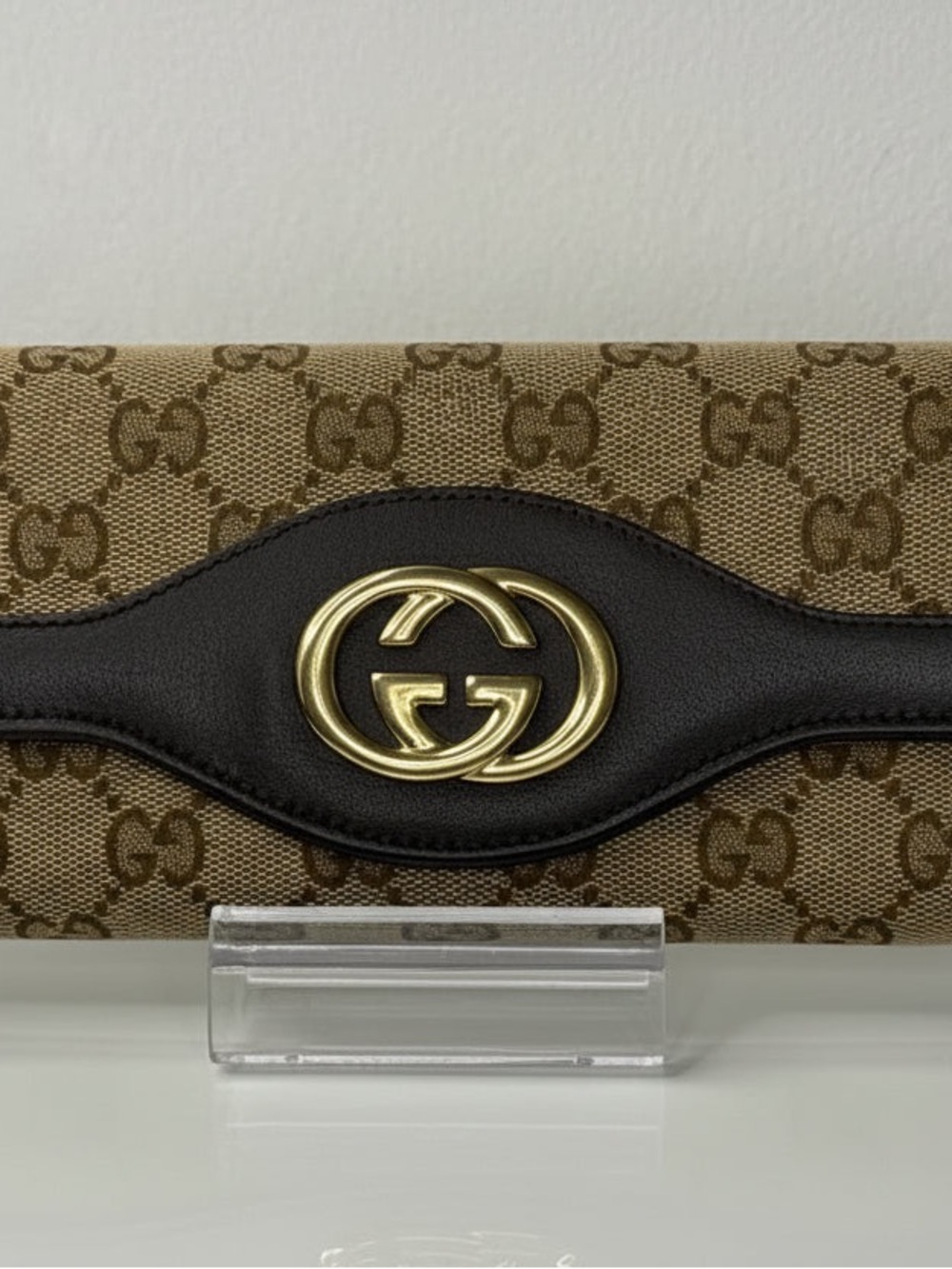 Gucci Beige Monogram Canvas Wallet with Brown Leather Trim and Gold Hardware